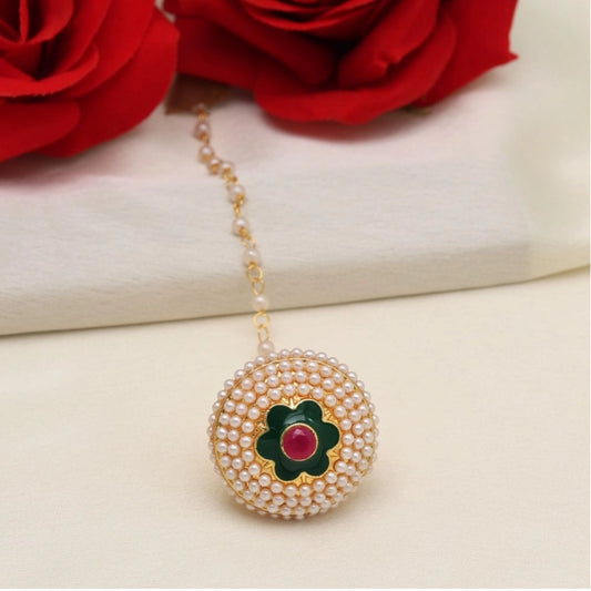 Fashion Women's Maroon &amp; Green Color Meena Work Borla Tikka
