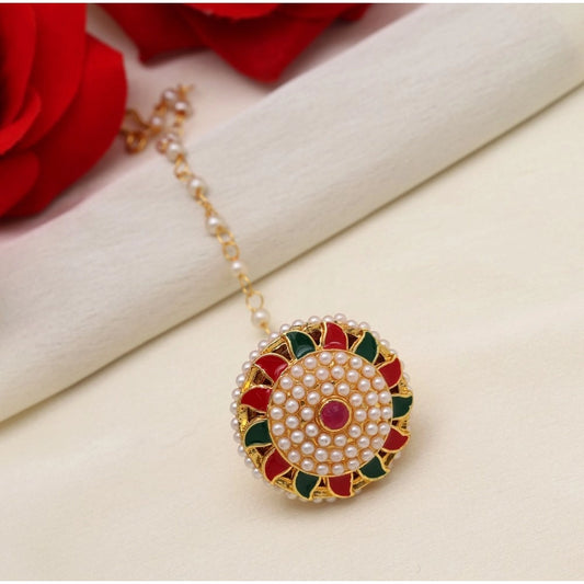 Fashion Women's Maroon &amp; Green Color Meena Work Borla Tikka