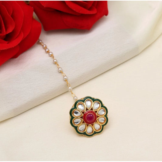 Fashion Women's Maroon &amp; Green Color Kundan Meena Borla Tikka