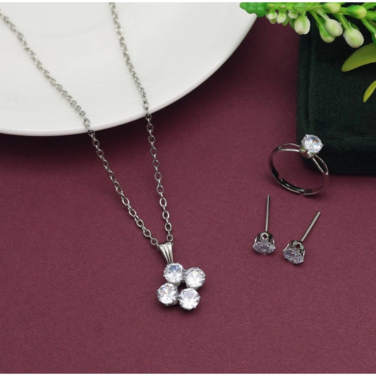 Fashion Women's Silver Color Stone Locket Pendant Set Adjustable Ring