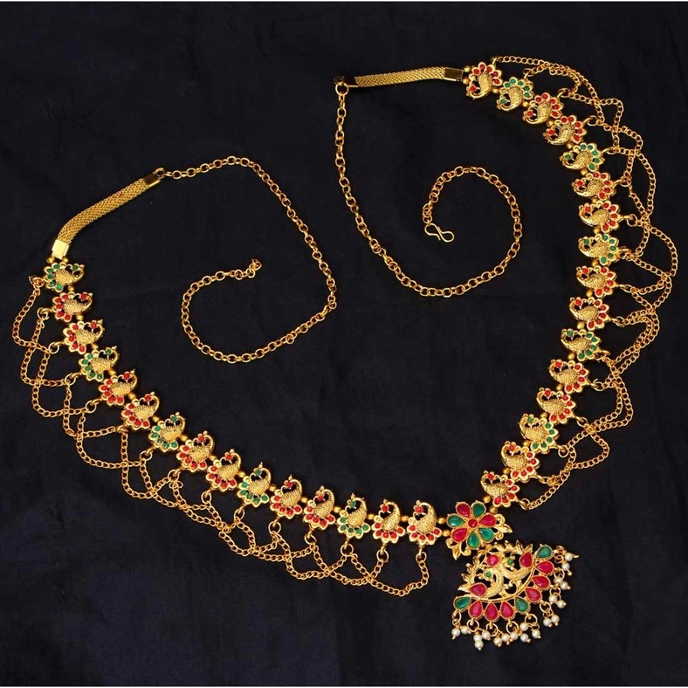 Fashion Women's Maroon &amp; Green Color Glass Stone Kamarband Adjustable Chain