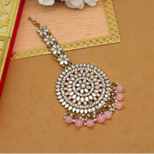 Fashion Women's Pink Color Mirror Work Maang Tikka