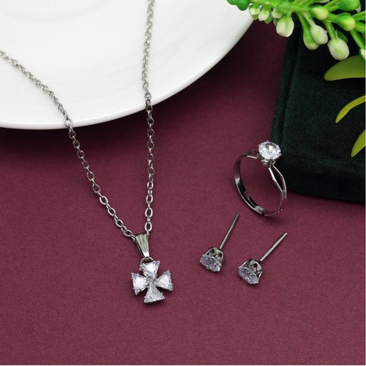 Fashion Women's Silver Color Stone Locket Pendant Set Adjustable Ring