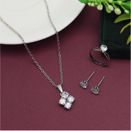 Fashion Women's Silver Color Stone Locket Pendant Set Adjustable Ring