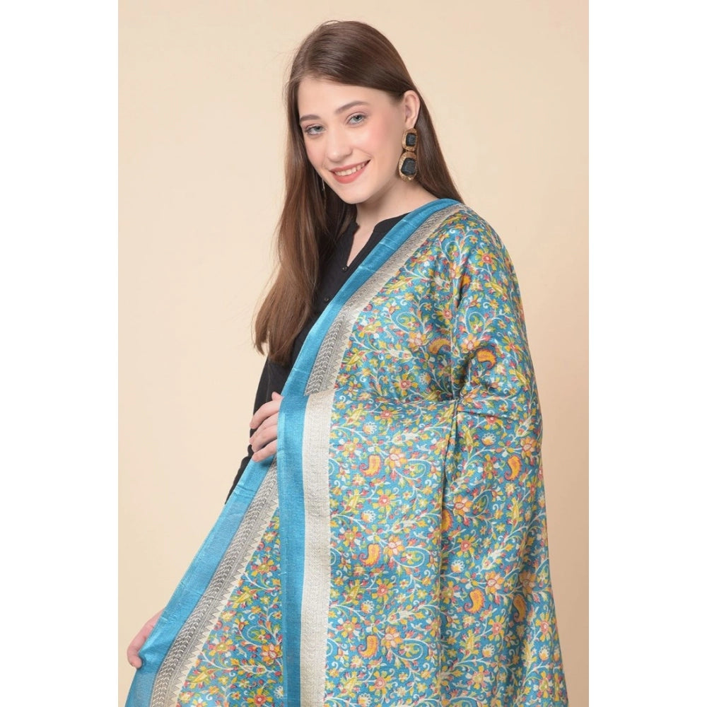 Amfyn Women's Art Silk Printed Dupatta (Turquoise, Length: 2.25 to 2.50 Mtr)