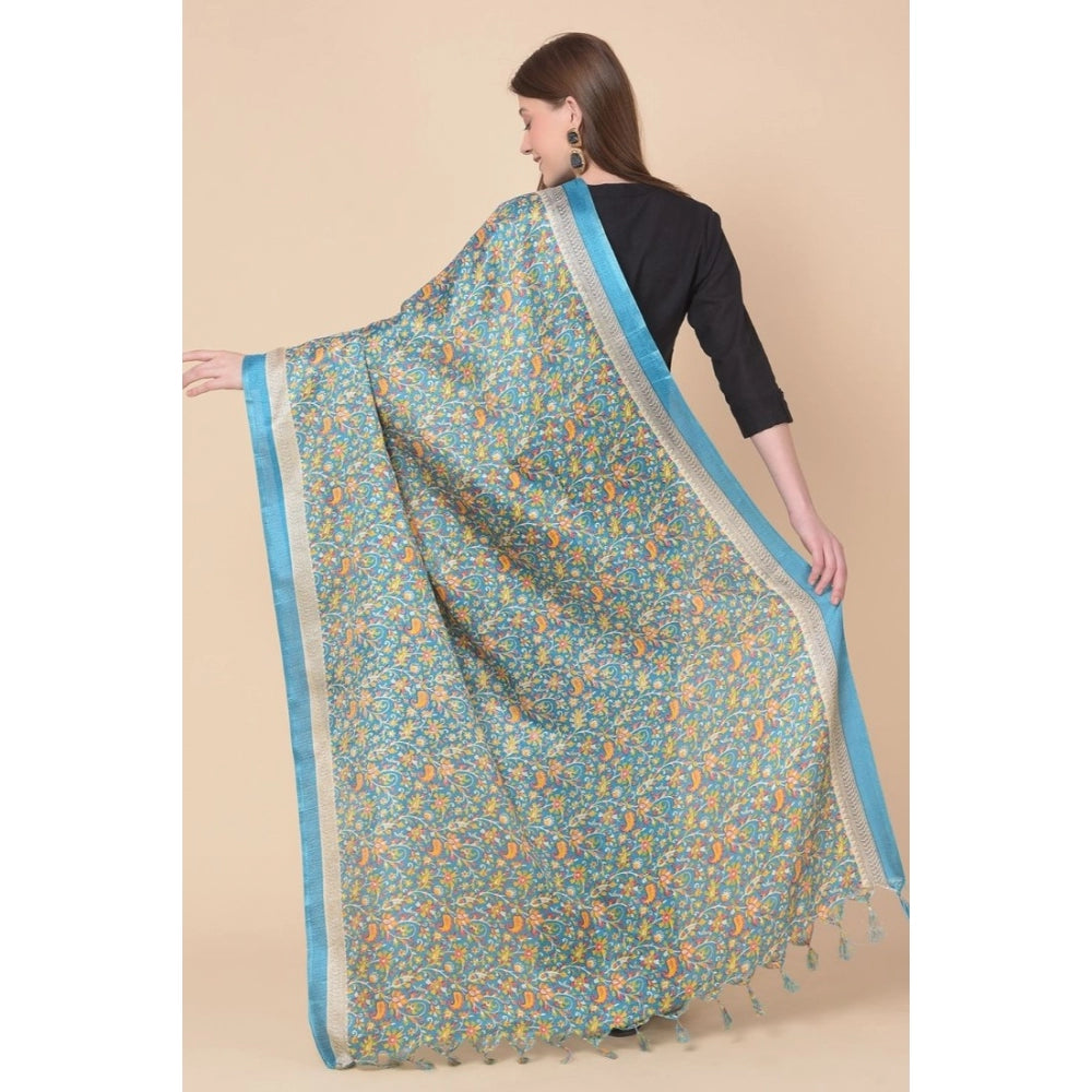 Amfyn Women's Art Silk Printed Dupatta (Turquoise, Length: 2.25 to 2.50 Mtr)