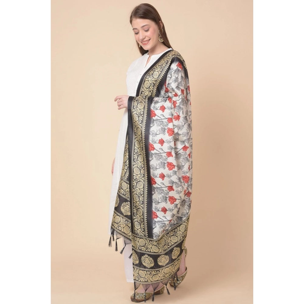 Amfyn Women's Art Silk Printed Dupatta (Black, Length: 2.25 to 2.50 Mtr)