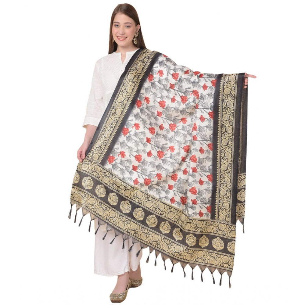 Amfyn Women's Art Silk Printed Dupatta (Black, Length: 2.25 to 2.50 Mtr)