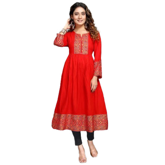 Amfyn Women's Casual 3/4 Sleeve Viscose Rayon Foil Printed Kurti (Red)