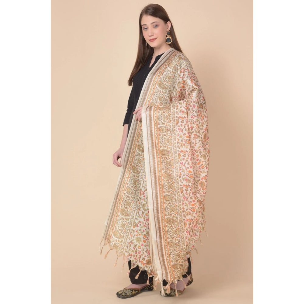 Amfyn Women's Art Silk Printed Dupatta (White, Length: 2.25 to 2.50 Mtr)