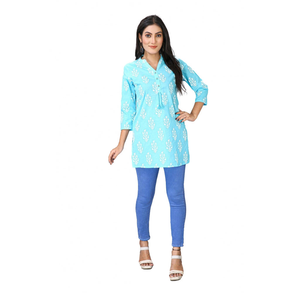 Amfyn Women's Casual 3/4 Sleeve Cotton Blend Printed Kurti (Light Blue)