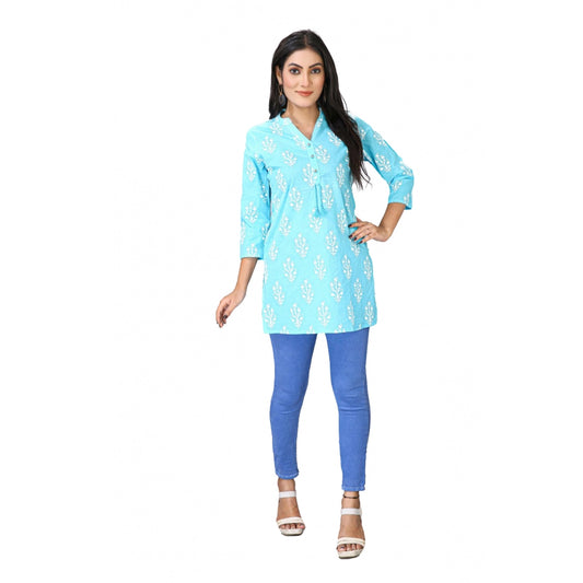 Amfyn Women's Casual 3/4 Sleeve Cotton Blend Printed Kurti (Light Blue)