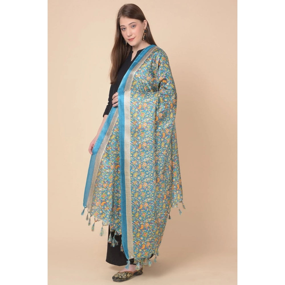Amfyn Women's Art Silk Printed Dupatta (Turquoise, Length: 2.25 to 2.50 Mtr)