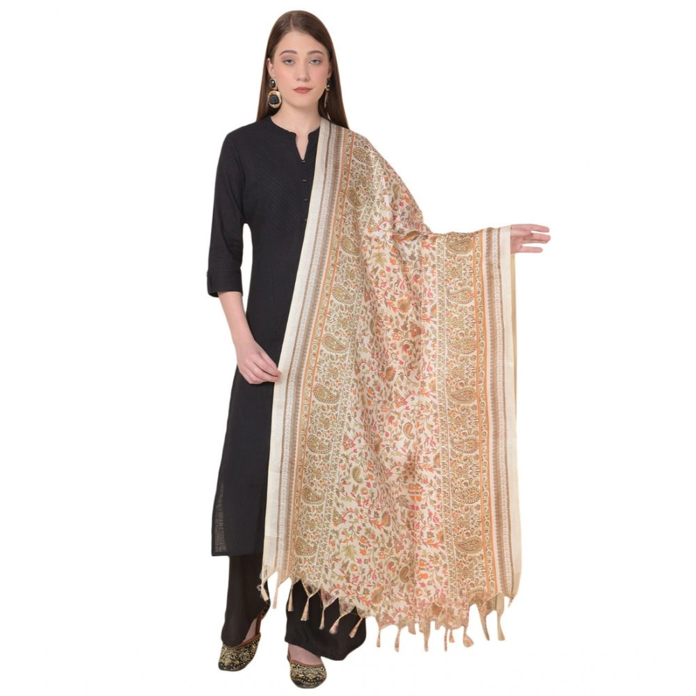 Amfyn Women's Art Silk Printed Dupatta (White, Length: 2.25 to 2.50 Mtr)