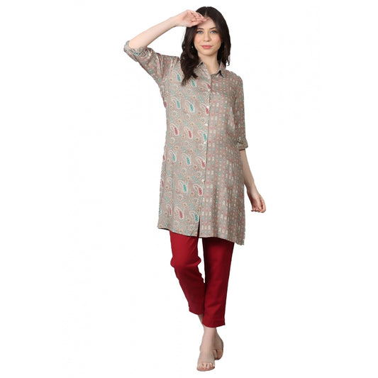 Amfyn Women's Casual 3/4 Sleeve Viscose Rayon Printed Kurti (Grey)