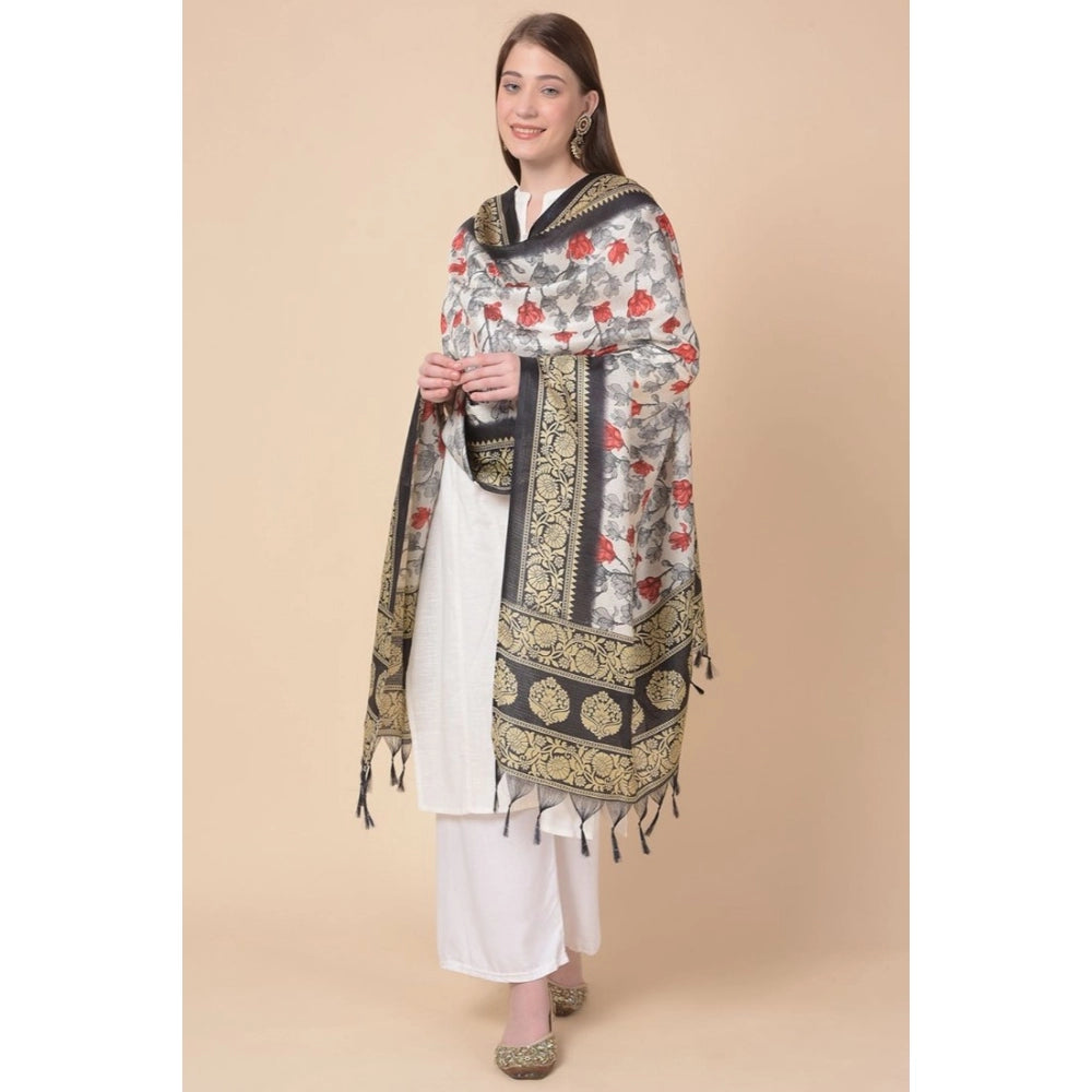 Amfyn Women's Art Silk Printed Dupatta (Black, Length: 2.25 to 2.50 Mtr)