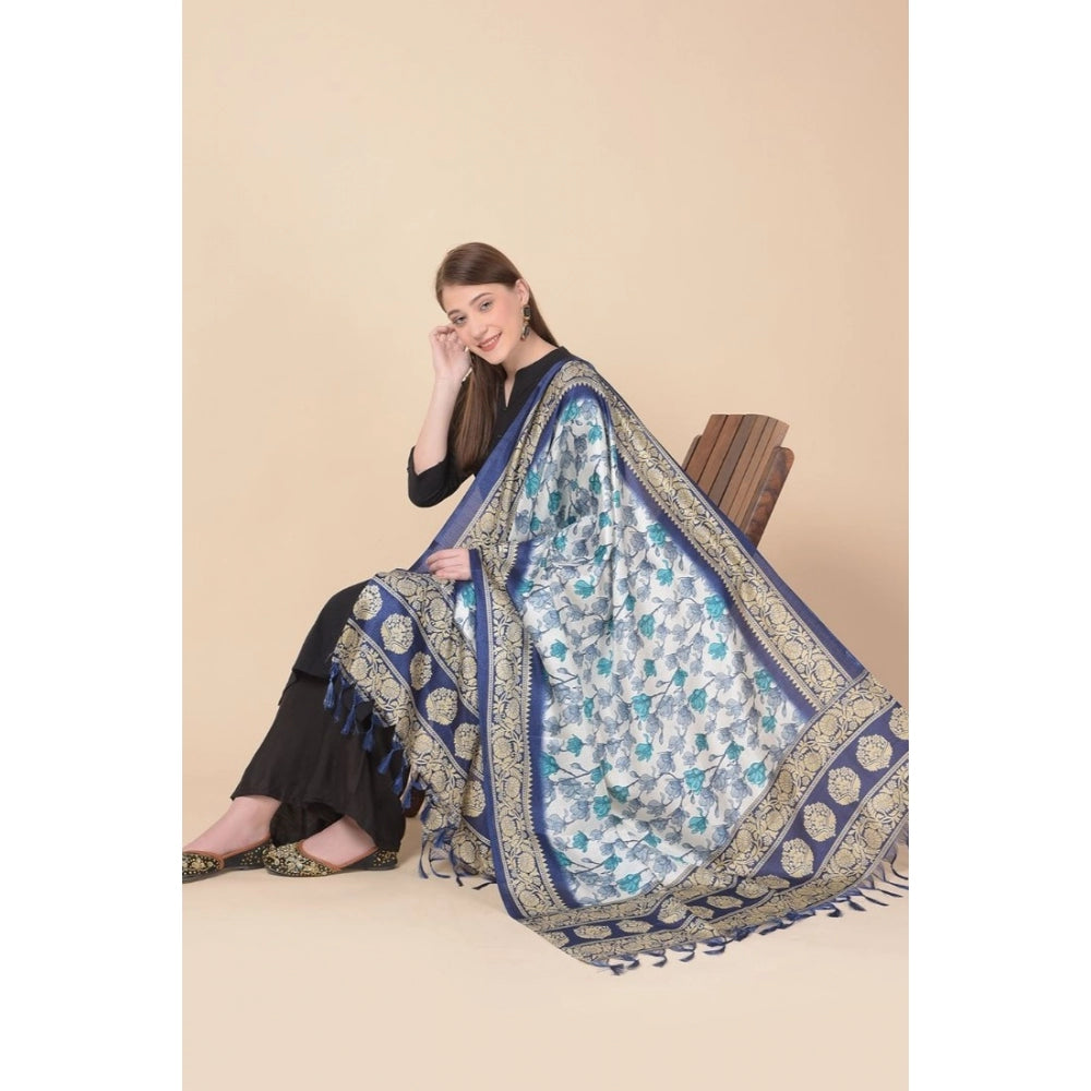 Amfyn Women's Art Silk Printed Dupatta (Blue, Length: 2.25 to 2.50 Mtr)