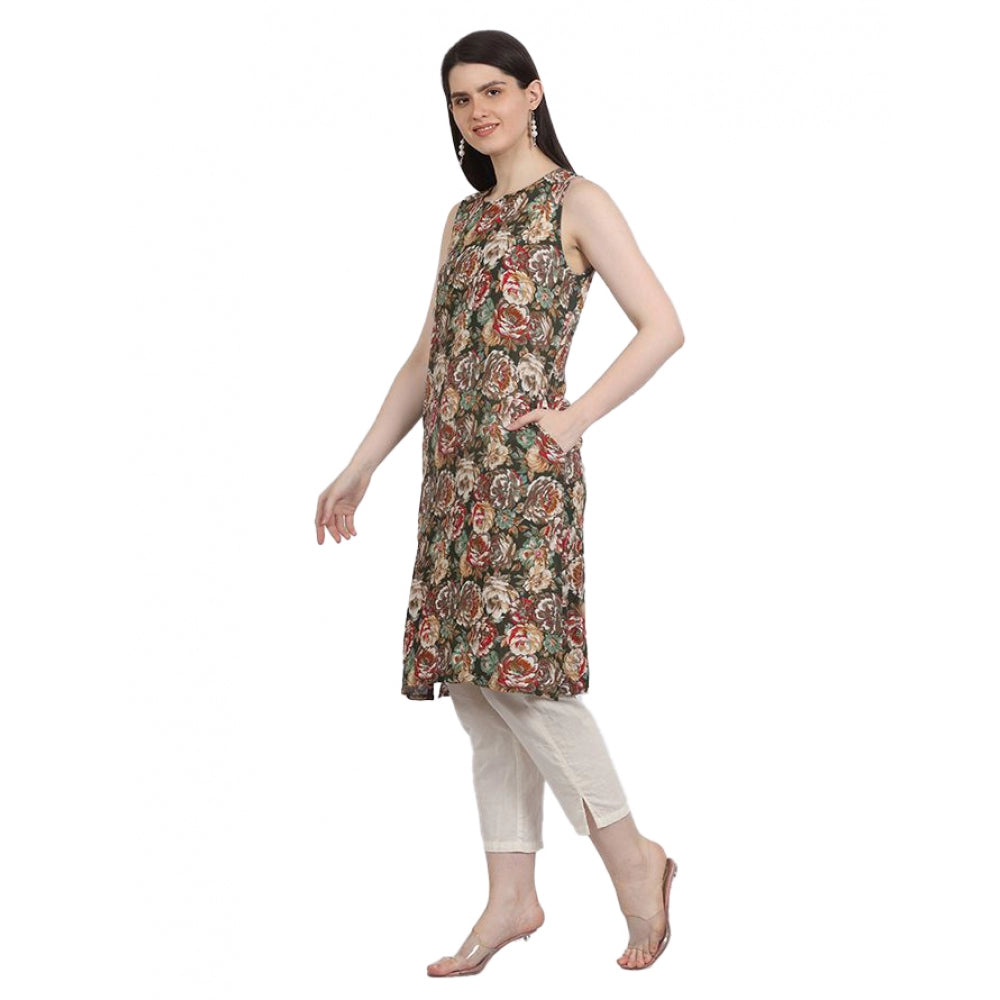 Amfyn Women's Casual Sleeveless Viscose Rayon Printed Kurti (Green)