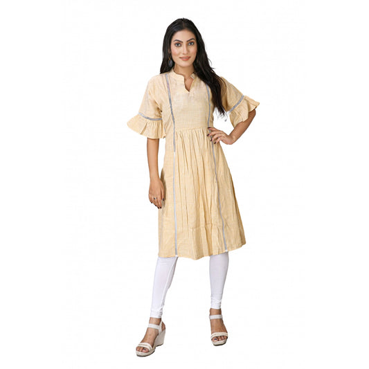 Amfyn Women's Casual Short Sleeve Silk Blend Printed Kurti (Beige)