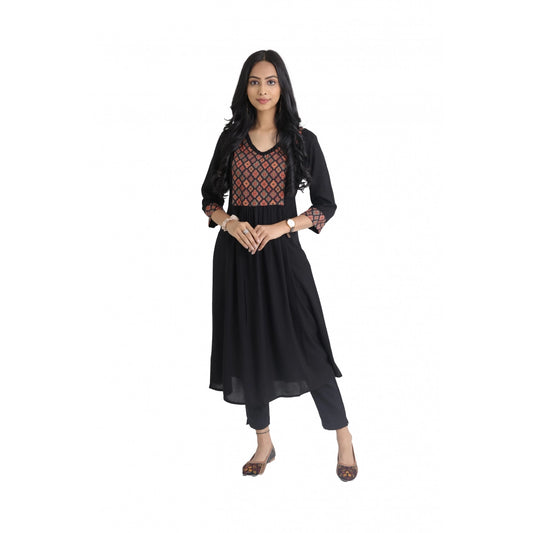 Amfyn Women's Casual 3/4 Sleeve Viscose Rayon Printed Kurti (Black)