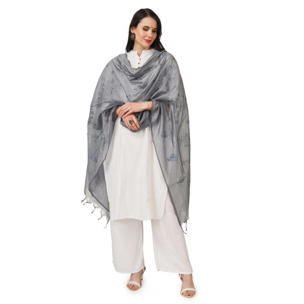 Amfyn Women's Cotton Embroidered Dupatta (Grey, Length: 2.25 to 2.50 Mtr)