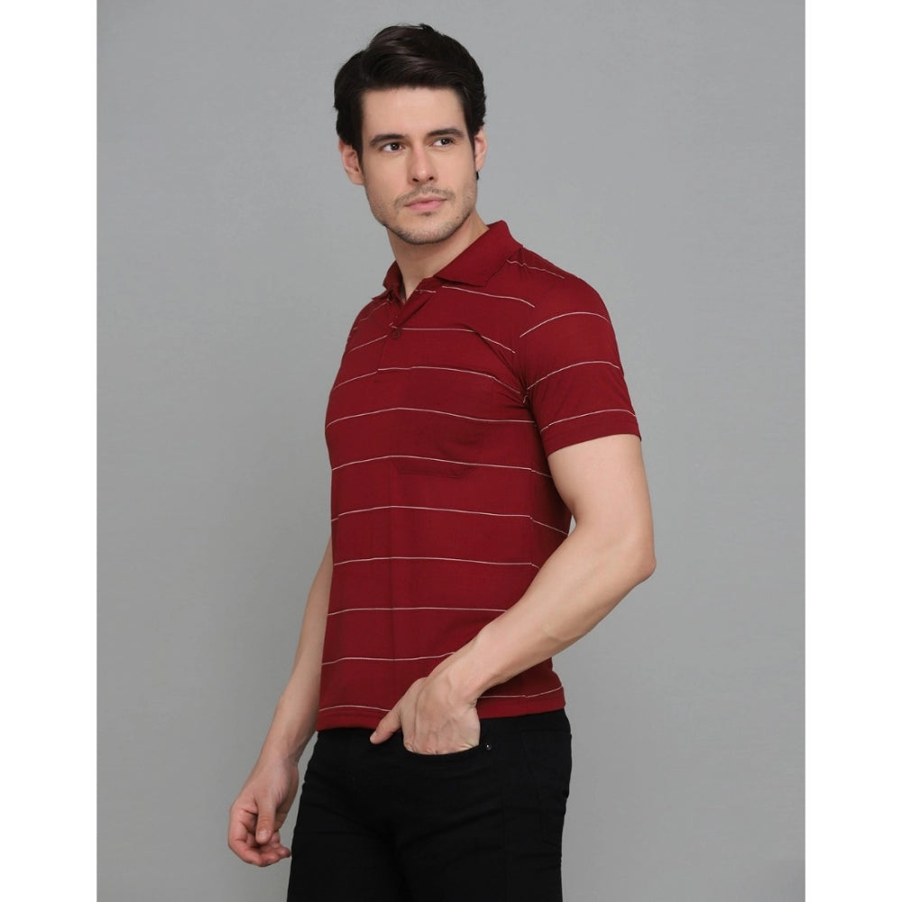 Amfyn Men's Casual Half Sleeve Striped Cotton Blended Polo Neck T-shirt (Maroon)