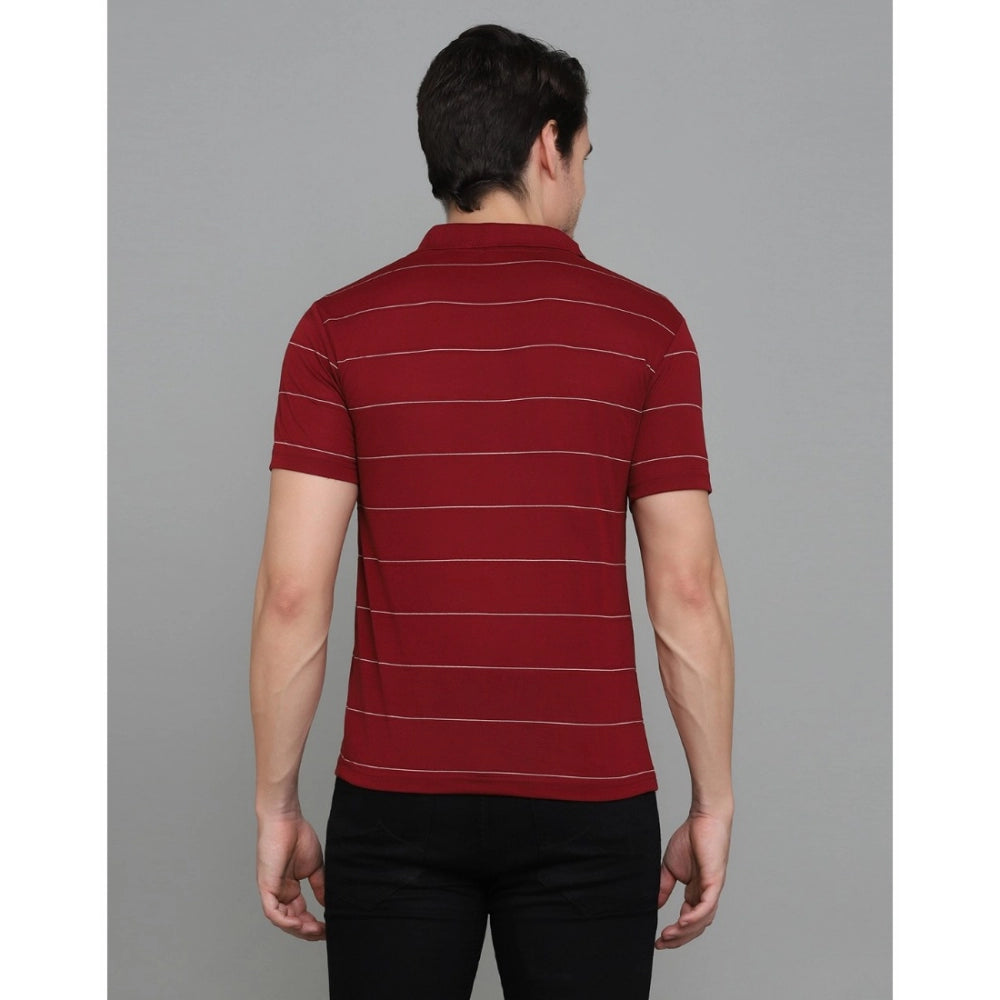 Amfyn Men's Casual Half Sleeve Striped Cotton Blended Polo Neck T-shirt (Maroon)