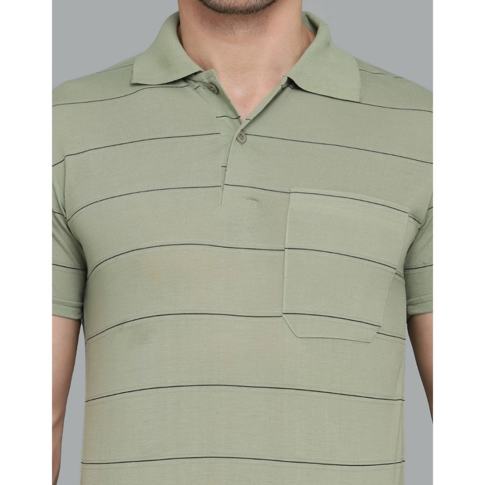 Amfyn Men's Casual Half Sleeve Striped Cotton Blended Polo Neck T-shirt (L.Green)