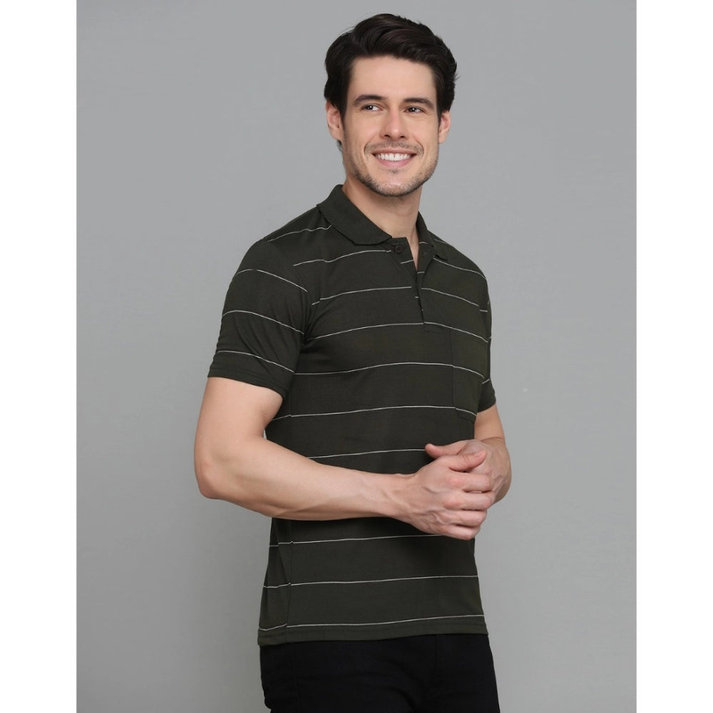 Amfyn Men's Casual Half Sleeve Striped Cotton Blended Polo Neck T-shirt (Green)