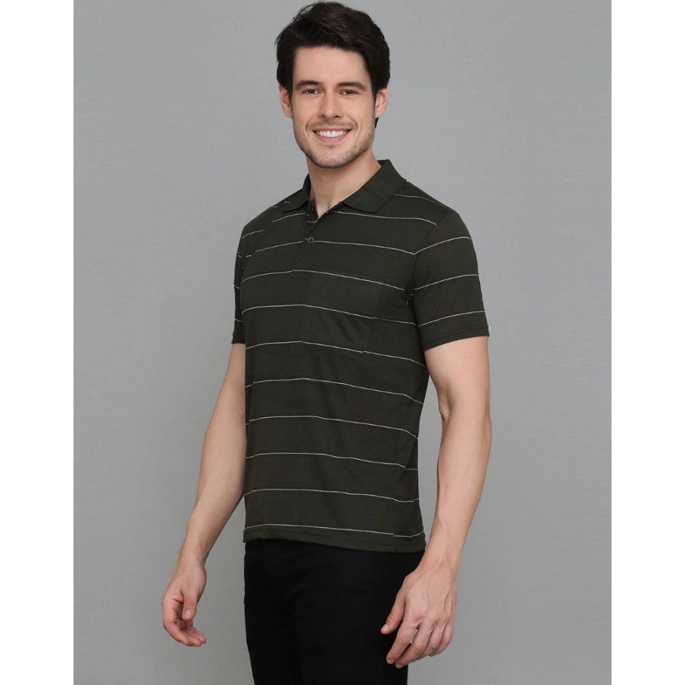 Amfyn Men's Casual Half Sleeve Striped Cotton Blended Polo Neck T-shirt (Green)