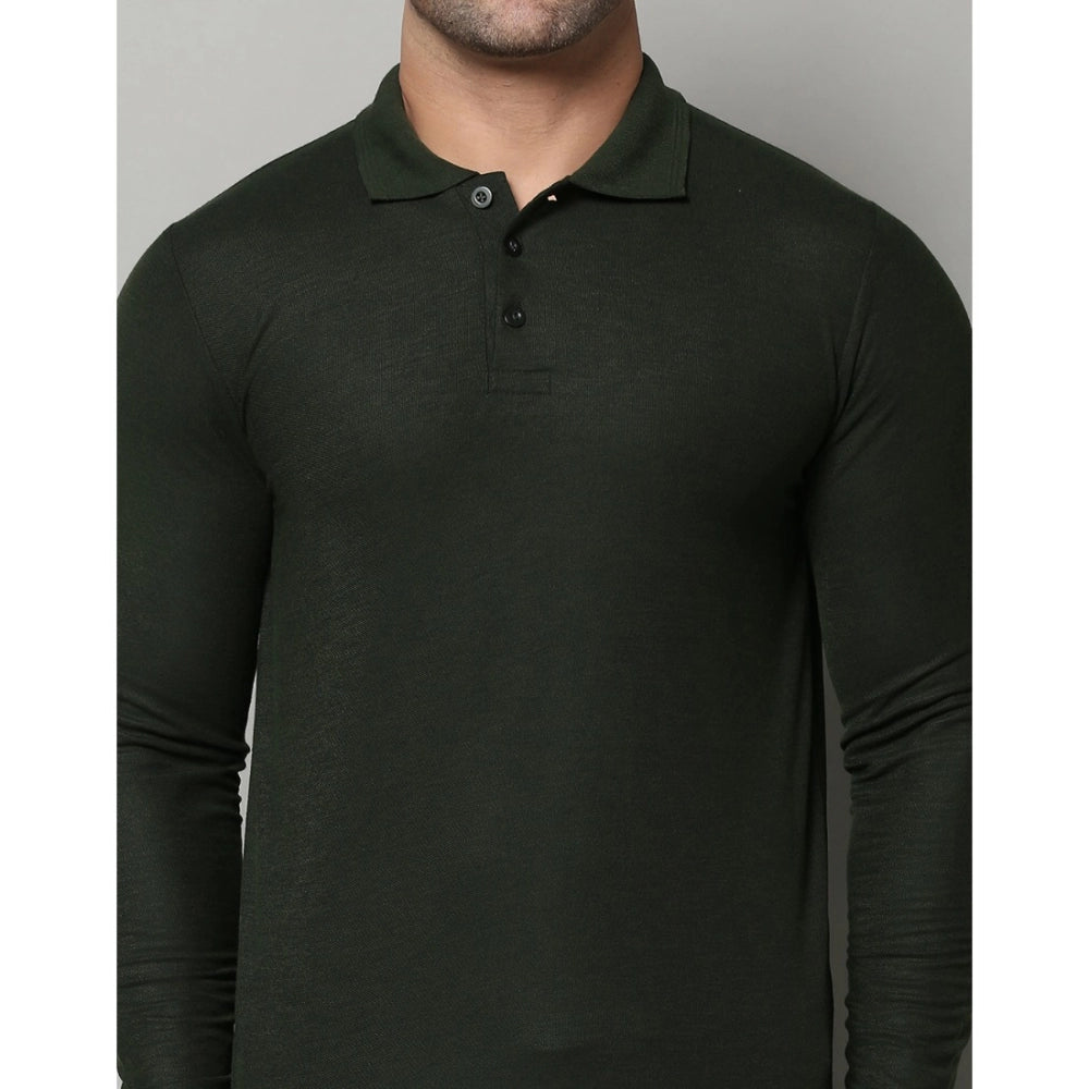 Amfyn Men's Casual Full Sleeve Solid Cotton Blended Polo Neck T-shirt (B.Green)