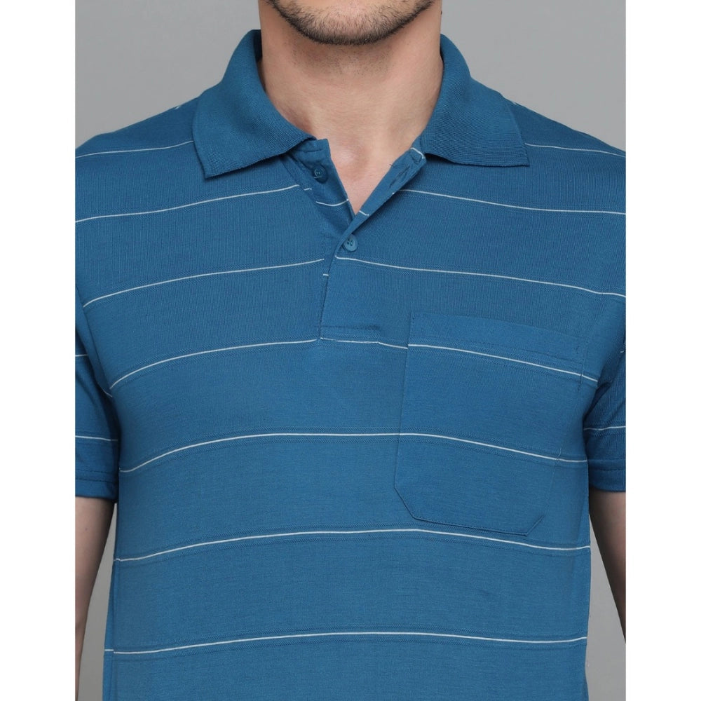 Amfyn Men's Casual Half Sleeve Striped Cotton Blended Polo Neck T-shirt (Teel Blue)