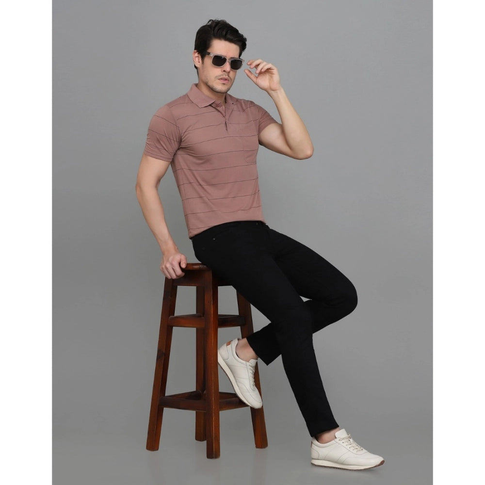 Amfyn Men's Casual Half Sleeve Striped Cotton Blended Polo Neck T-shirt (Pink)