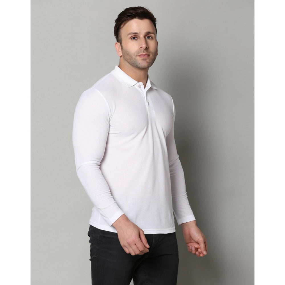 Amfyn Men's Casual Full Sleeve Solid Cotton Blended Polo Neck T-shirt (White)