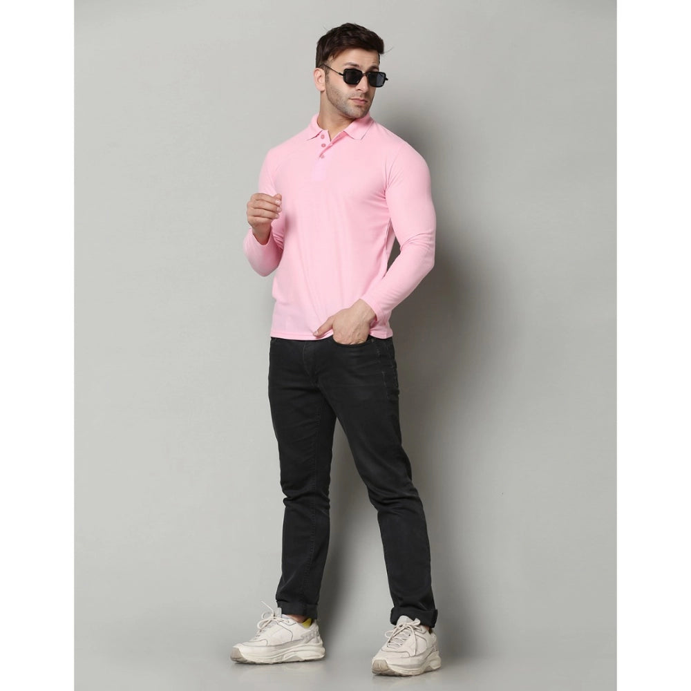 Amfyn Men's Casual Full Sleeve Solid Cotton Blended Polo Neck T-shirt (Pink)