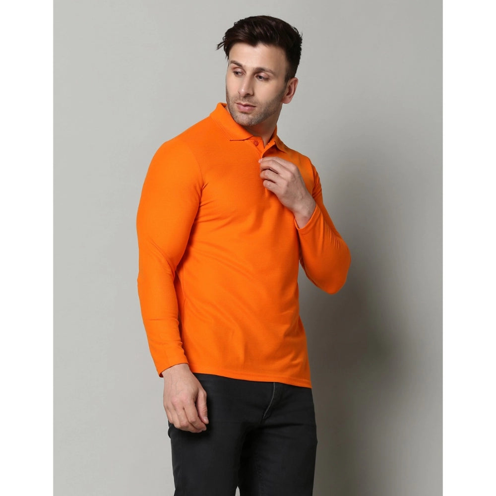 Amfyn Men's Casual Full Sleeve Solid Cotton Blended Polo Neck T-shirt (Orange)