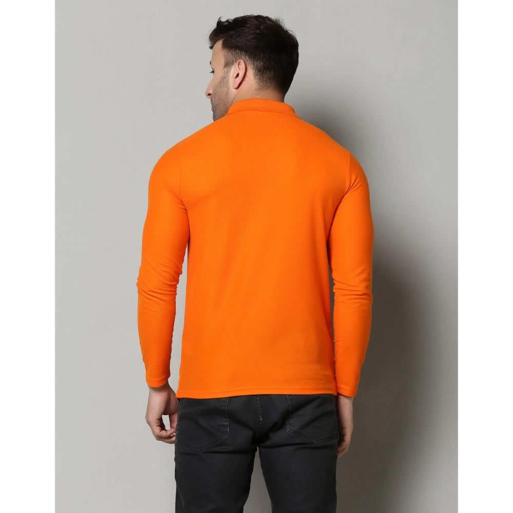 Amfyn Men's Casual Full Sleeve Solid Cotton Blended Polo Neck T-shirt (Orange)