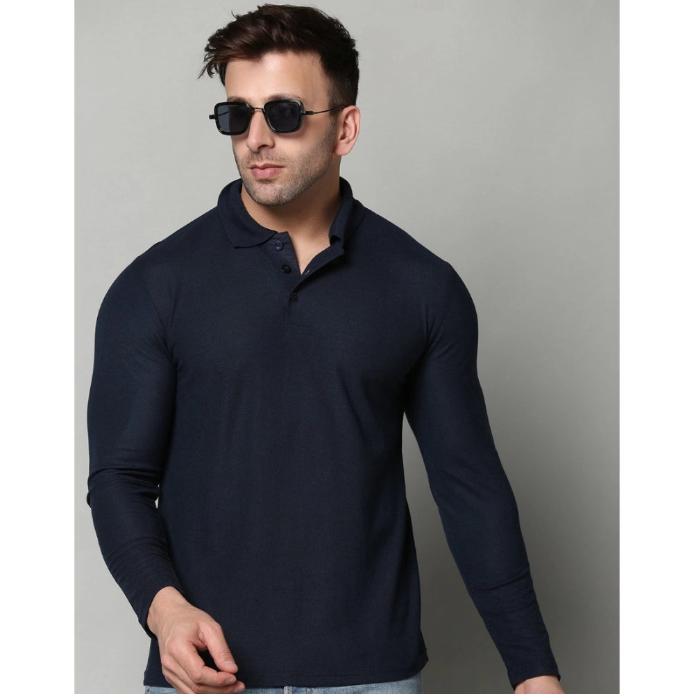 Amfyn Men's Casual Full Sleeve Solid Cotton Blended Polo Neck T-shirt (Navy)