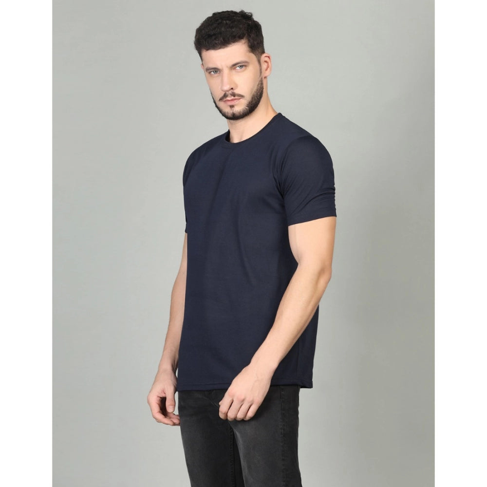 Amfyn Men's Casual Half Sleeve Solid Cotton Blended Round Neck T-shirt (Dark Blue)