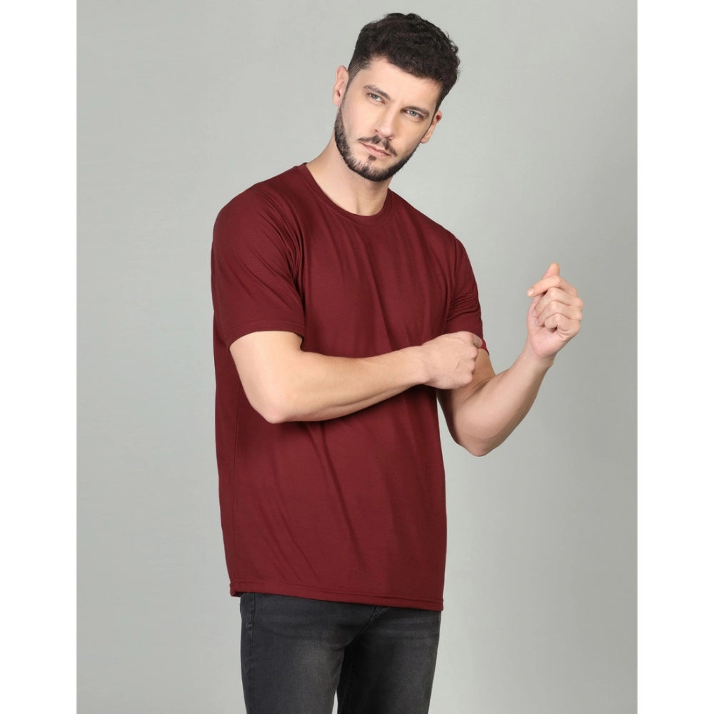 Amfyn Men's Casual Half Sleeve Solid Cotton Blended Round Neck T-shirt (Maroon)