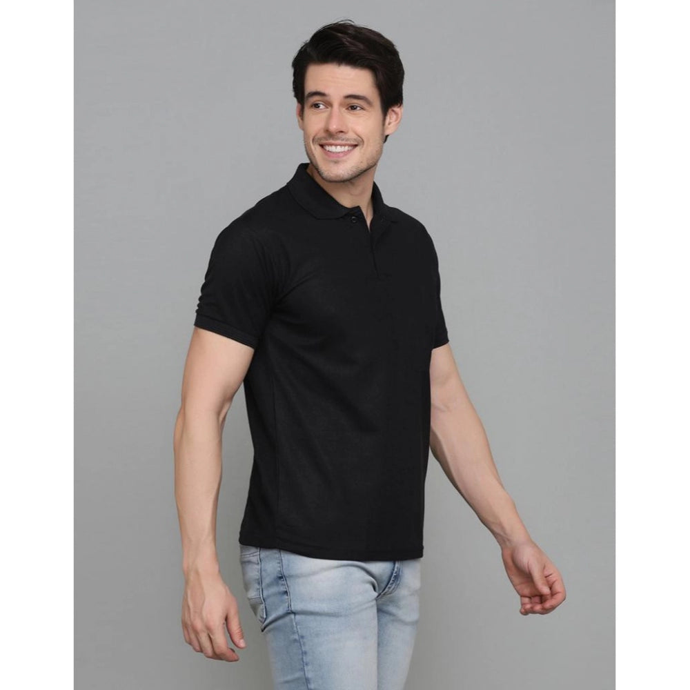 Amfyn Men's Casual Half Sleeve Solid Cotton Blended Polo Neck T-shirt (Black)
