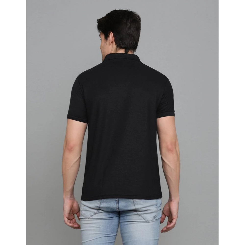 Amfyn Men's Casual Half Sleeve Solid Cotton Blended Polo Neck T-shirt (Black)