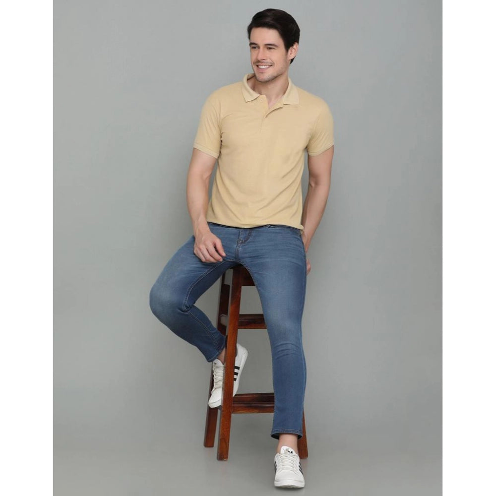 Amfyn Men's Casual Half Sleeve Solid Cotton Blended Polo Neck T-shirt (Beige)