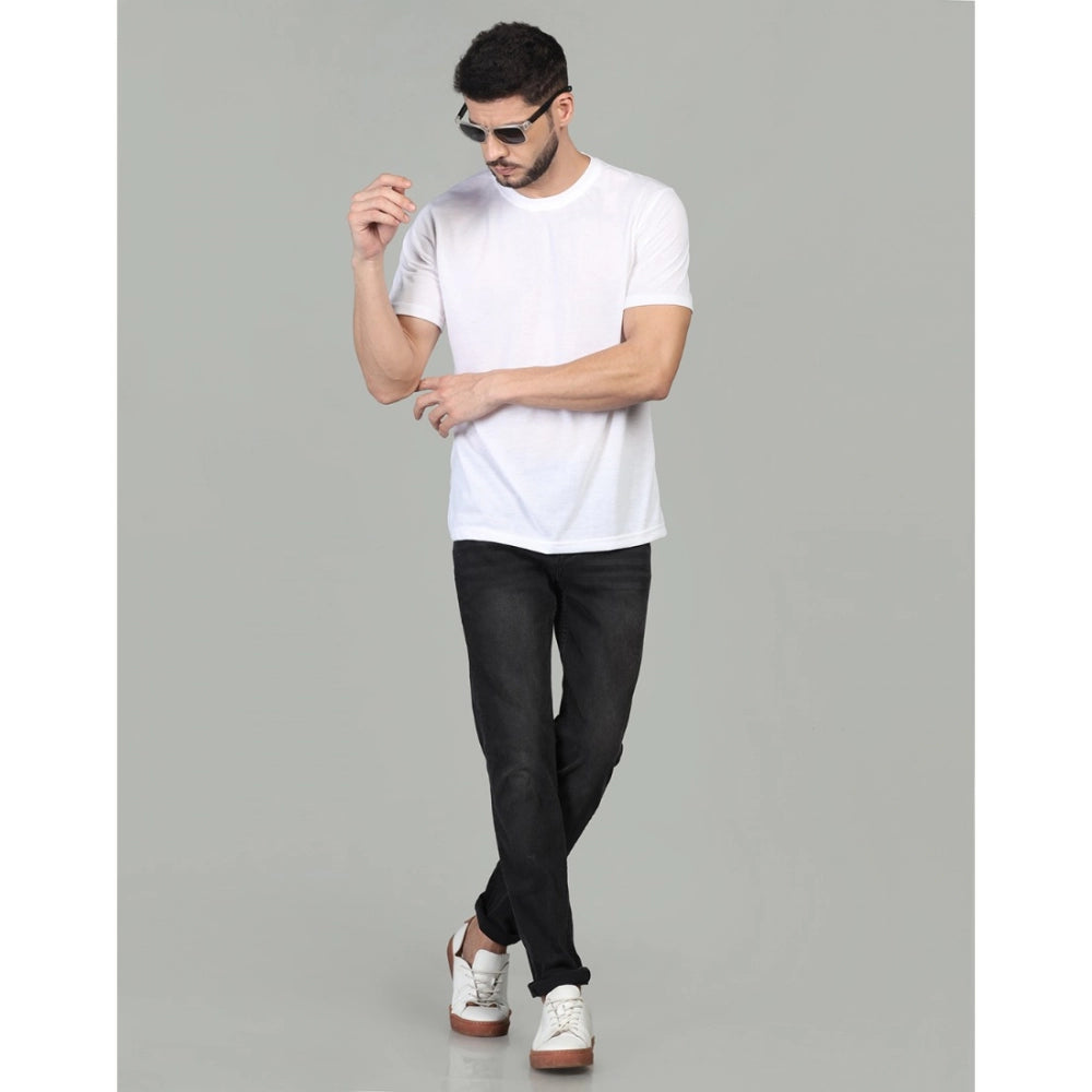 Amfyn Men's Casual Half Sleeve Solid Cotton Blended Round Neck T-shirt (White)