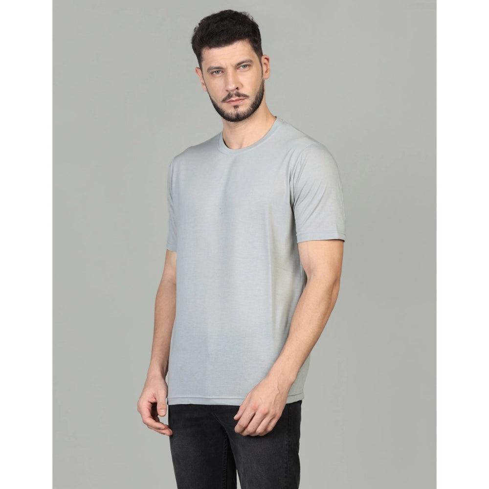 Amfyn Men's Casual Half Sleeve Solid Cotton Blended Round Neck T-shirt (Grey)