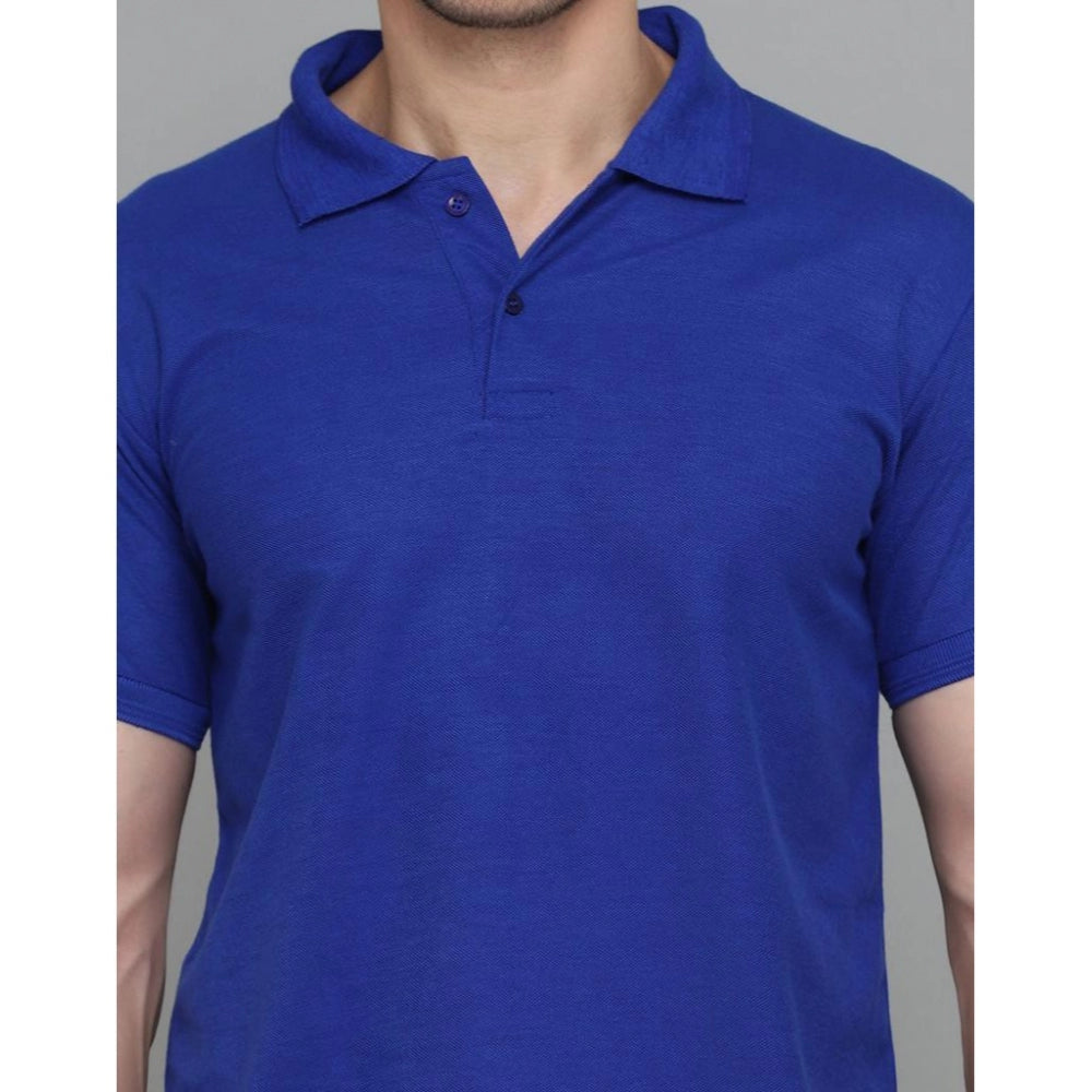 Amfyn Men's Casual Half Sleeve Solid Cotton Blended Polo Neck T-shirt (Blue)