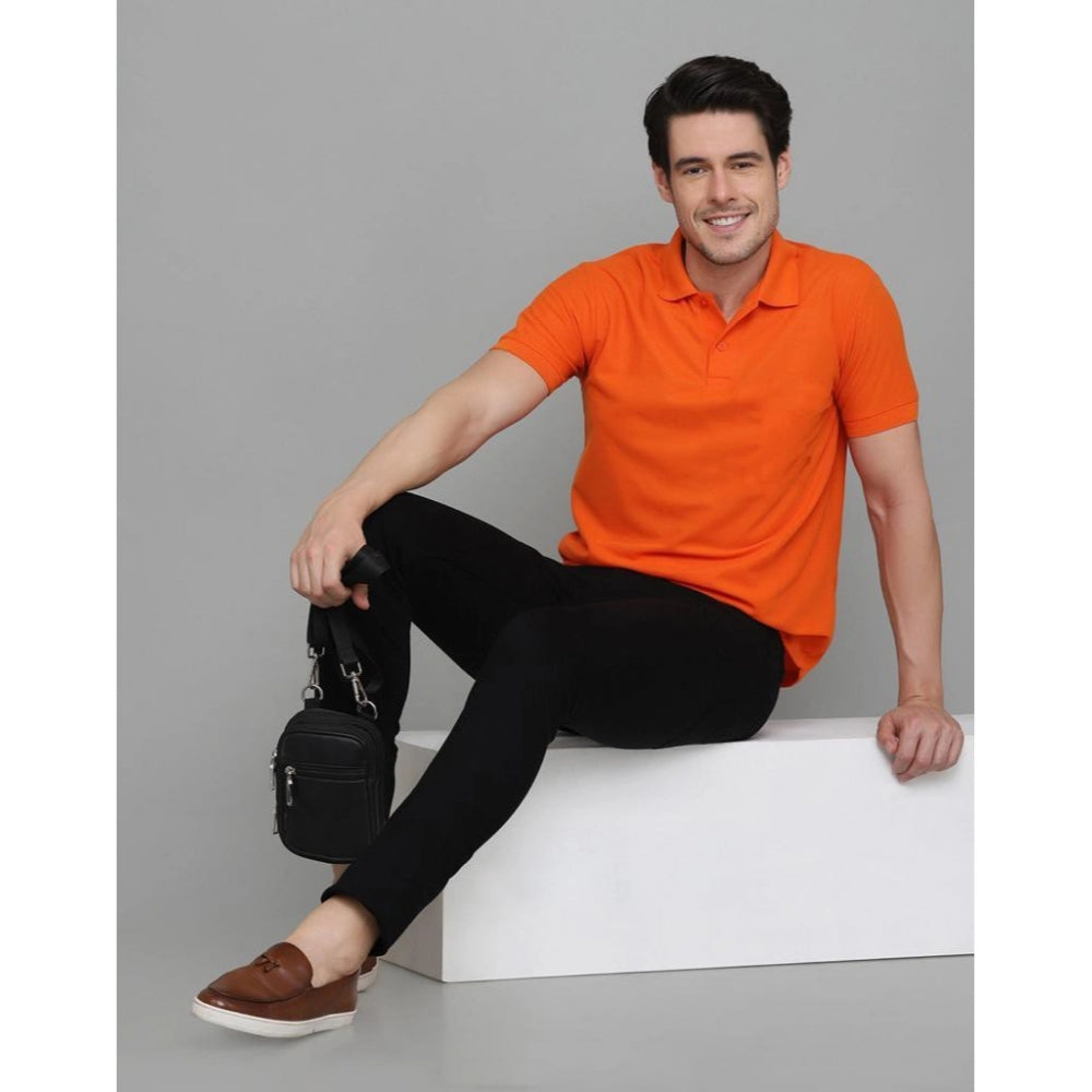 Amfyn Men's Casual Half Sleeve Solid Cotton Blended Polo Neck T-shirt (Orange)