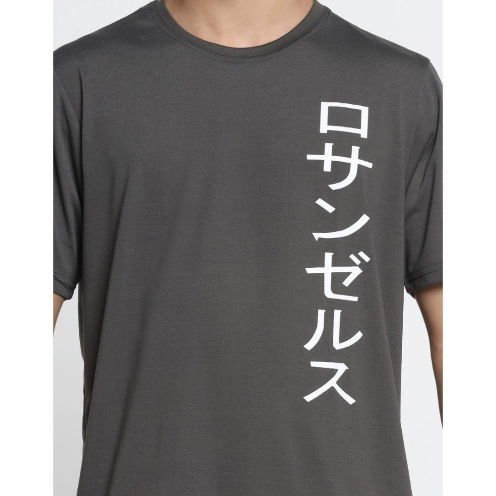 Amfyn Men's Casual Half Sleeve Printed Cotton Blended Round Neck T-shirt (D.Grey)