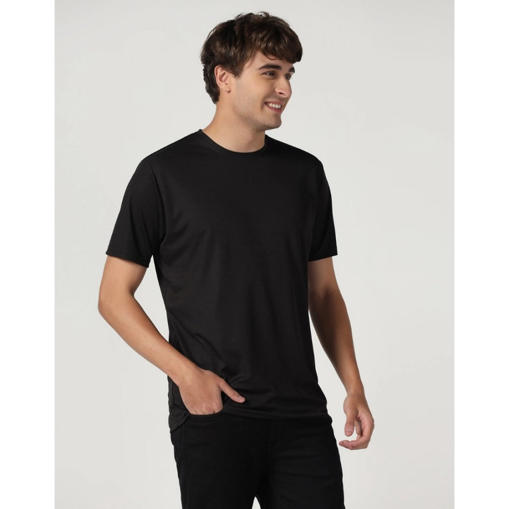 Amfyn Men's Casual Half Sleeve Solid Polyester Round Neck T-shirt (Black)
