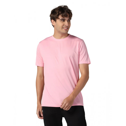 Amfyn Men's Casual Half Sleeve Solid Polyester Round Neck T-shirt (Pink)